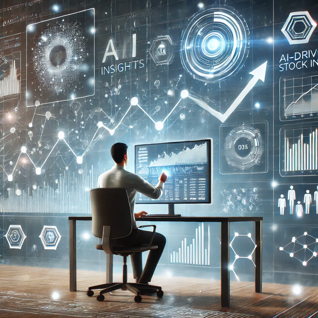 DALL·E 2024-12-18 00.40.57 - A futuristic and clean illustration showing an evolving digital stock trading interface. A person sits at a modern desk, analyzing AI-driven stock ins