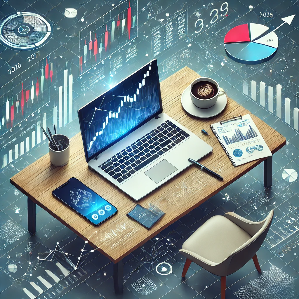 DALL·E 2024-12-18 00.44.03 - An illustration showing a bird's-eye view of a workspace with a trader's desk. On the desk are a laptop displaying stock charts and recommendations, a